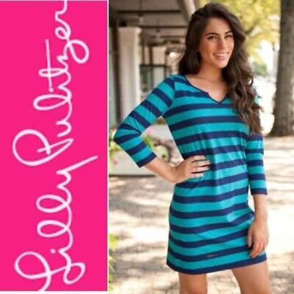 Lilly Pulitzer Gretchen Dress Size Small Tropez Blue Polka Dot Stripe - Picture 2 of 11
